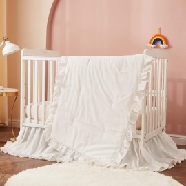 Brandream Boho Bohemian Girl Baby Nursery Crib Bed Skirt Dust Ruffle - Neutral Solid Color Beige Cream Off White Farmhouse Chic 100% Washed Cotton Ruffle