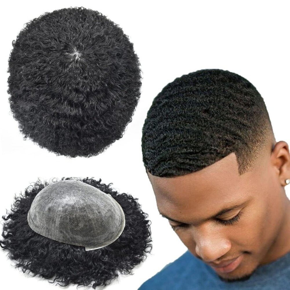 CURVE HAIR Afro Curl Mens Toupee Full Poly Skin Skin PU Injection Human Hair Replacement Systems African American THIN SKIN Man Weave Hair Unit 8X10inch (8X10, 1Jet Black-10mm Wave Curl)