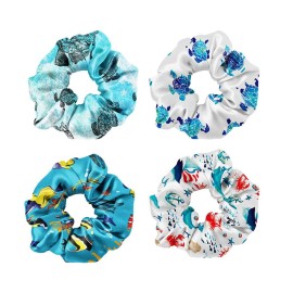 WIRESTER 4 Pcs Satin Hair Scrunchies, Silk Hair Ties, Soft Elastic Hair Bands Ponytail Holder, Silky Curly Hair Accessories for Women Girls - Ocean Fish Turtles