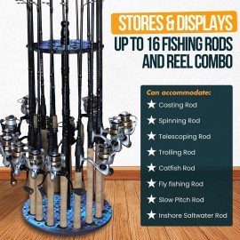 Rush Creek Creations | Round Spinning Fishing Rod Holder for 16 Freshwater Fishing Poles, Fishing Gear, and Fishing Accessories | Fishing Rod Rack with 16 Fishing Rod Clips for Garage Organization