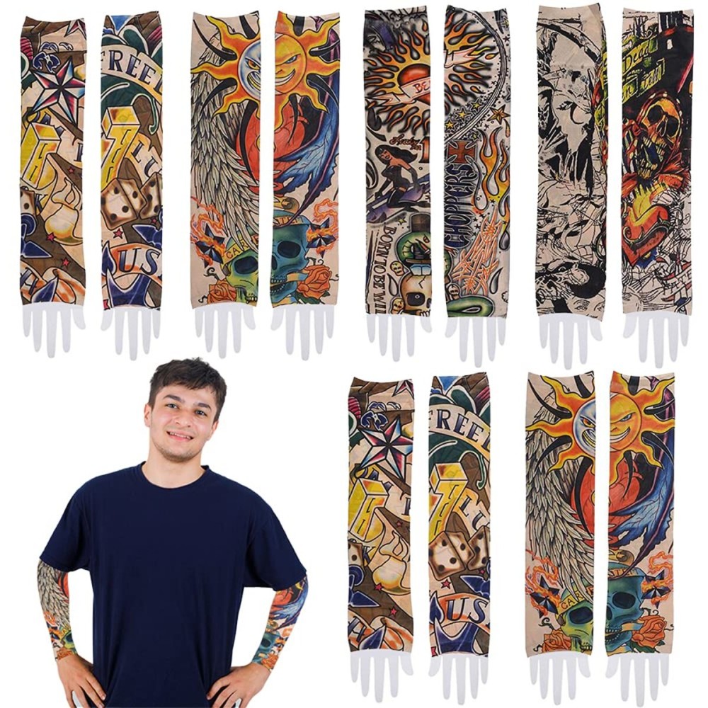ArtCreativity Vintage Print Tattoo Sleeves, 12 Pairs, Fake Tattoos for Kids and Adults, Temporary Tattoo Arm Sleeves Made of Soft Fabric, Rockstar Halloween Costume Accessories for Boys and Girls