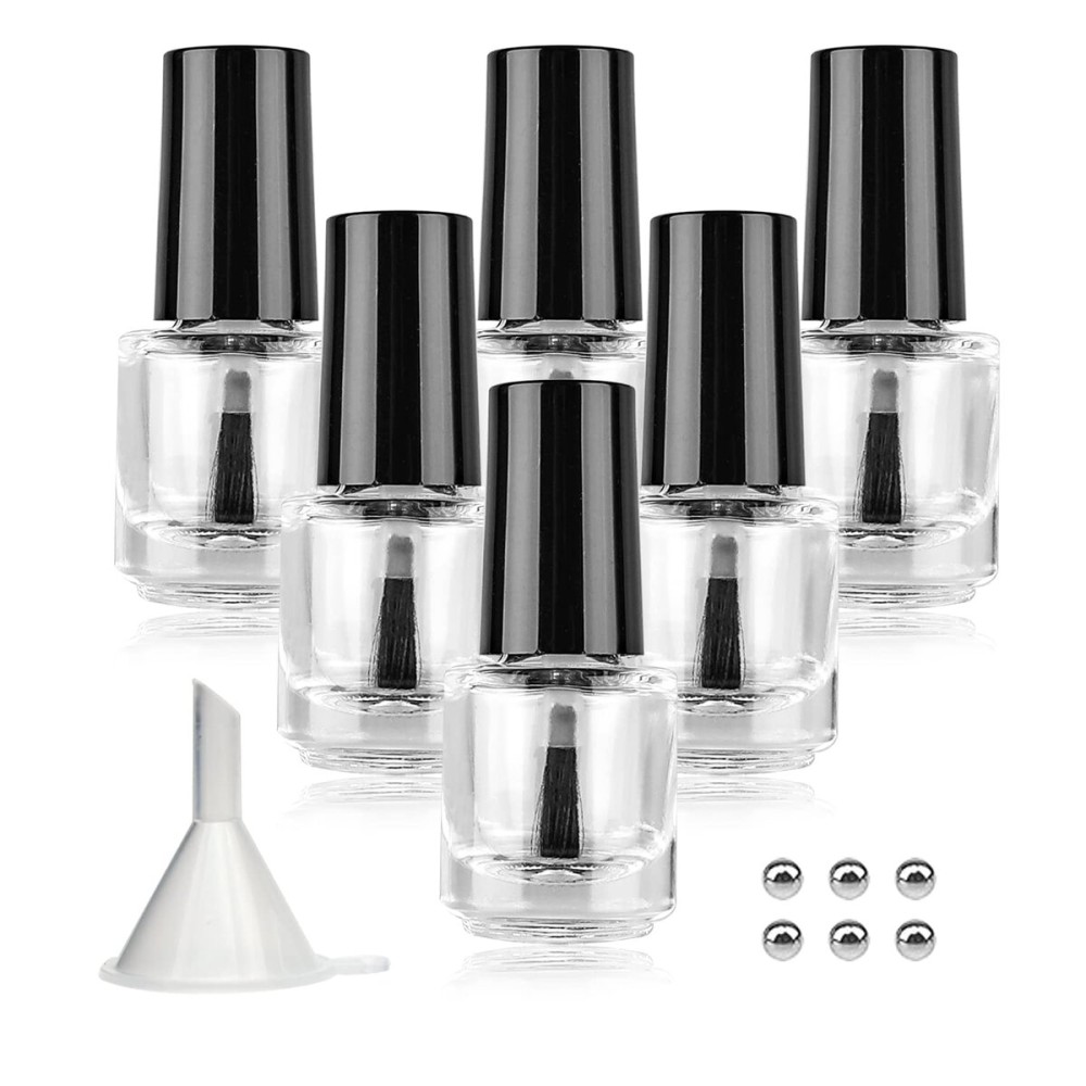 Agidea Empty Nail Polish Bottles with Brush Cap, Empty Glass Refillable Nail Polish Bottles with Mixing Agitator Balls & Funnels, Pack of 6 (5ML)