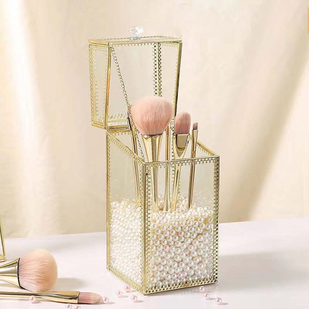 Glass Makeup Brush Holder with Lid Organizer Vintage Cosmetic Hexagonal Display Cases Brush Storage with Free White Pearls - Gold Glass Makeup Brush Holder with Lid Organizer Vintage Cosmetic Hexagonal Display Cases Brush Storage with Free White Pearls - Gold