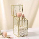Glass Makeup Brush Holder with Lid Organizer Vintage Cosmetic Hexagonal Display Cases Brush Storage with Free White Pearls - Gold