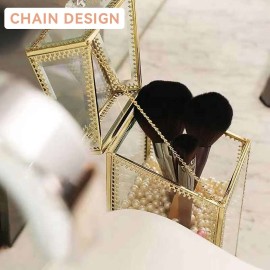 Glass Makeup Brush Holder with Lid Organizer Vintage Cosmetic Hexagonal Display Cases Brush Storage with Free White Pearls - Gold Glass Makeup Brush Holder with Lid Organizer Vintage Cosmetic Hexagonal Display Cases Brush Storage with Free White Pearls - Gold