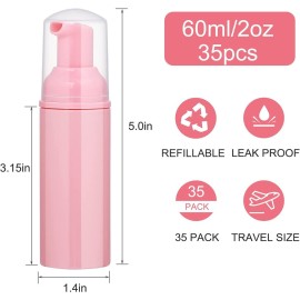 35 pcs 2oz (60ml) Foam Soap Dispensers Mini Plastic Refillable Travel Bottles with Pump for Hand Sanitizer Lash Shampoo Castile Liquid Pink