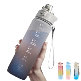 DEARART 32oz Grey Multicolor Water Bottle, Detachable Straw Wide Mouth Motivational & Time Marker with Handle Easy Carried, Suit Travel Office Yoga Gym School Work etc.