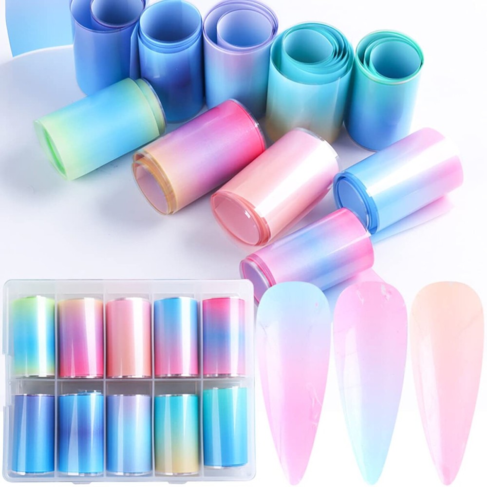 JERCLITY 10 Rolls Fluorescent Aurora Gradient Color Foil Nail Art Kit Colorful Neon Nail Foil Transfer Stickers Sheets Foil Nail Wraps for Foil Nail Art Supplies