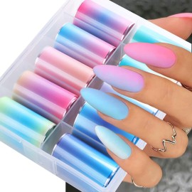 JERCLITY 10 Rolls Fluorescent Aurora Gradient Color Foil Nail Art Kit Colorful Neon Nail Foil Transfer Stickers Sheets Foil Nail Wraps for Foil Nail Art Supplies