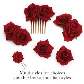 DRESHOW Women Red Rose Flower Hair Clip Hairpin Flower Brooch Bridal Headpiece Wedding Flamenco Dancer Hair Accessories 1 Count (Pack of 9)
