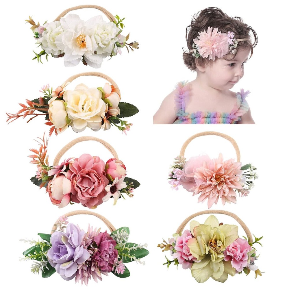 Cinaci 6 Pack Delicate Floral Rose Daisy Flower Super Stretchy Soft Nylon Headbands Hair Bands Accessories for Baby Girls Newborns Infants Toddlers Kids
