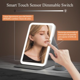 Rechargeable Travel Lighted Makeup Vanity Mirror with PU Leather Cover, Portable Travel Makeup Mirror with Lights, 3 Color Lighting,Touch Sensor Dimmable, Light Up Tabletop Cosmetic Mirror Folding