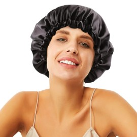 ELIHAIR Stain Bonnet Silky Sleep Cap Adjustable Satin Cap for Night Sleeping Hair Bonnet Reversible Double Layer Jet Black