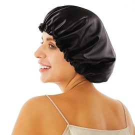 ELIHAIR Stain Bonnet Silky Sleep Cap Adjustable Satin Cap for Night Sleeping Hair Bonnet Reversible Double Layer Jet Black