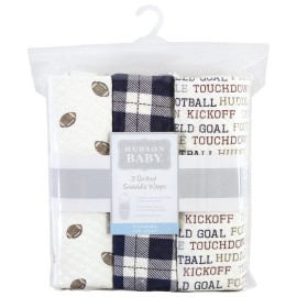 Hudson Baby Unisex Baby Quilted Cotton Swaddle Wrap 3pk, Football, 0-3 Months