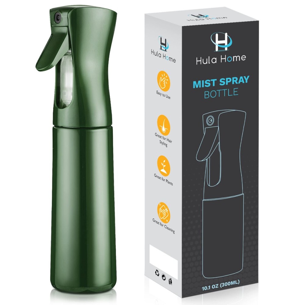 Hula Home Continuous Spray Bottle for Hair (10.1oz/300ml) Empty Ultra Fine Plastic Water Mist Sprayer - For Hairstyling, Cleaning, Salons, Plants, Essential Oil Scents & More - Green Hula Home Continuous Spray Bottle for Hair (10.1oz/300ml) Empty Ultra Fine Plastic Water Mist Sprayer - For Hairstyling, Cleaning, Salons, Plants, Essential Oil Scents & More - Green