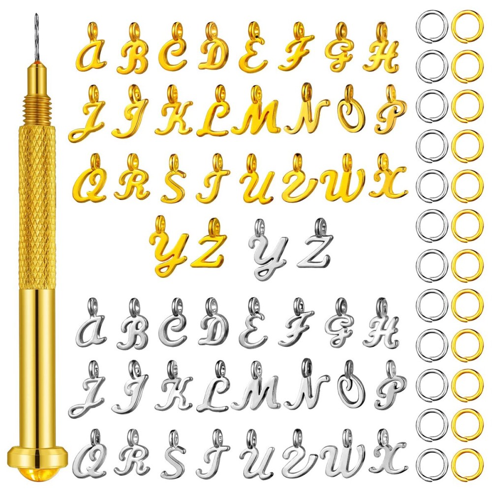 305 Pieces Dangle Nail Piercing Charms ABC Letter Set Alphabet Mini A-Z Letter Charms Alphabet Charms Initial Pendant Nail Jewelry Rings with Nail Piercing Tool Hand Drill for Tips (Silver, Gold)