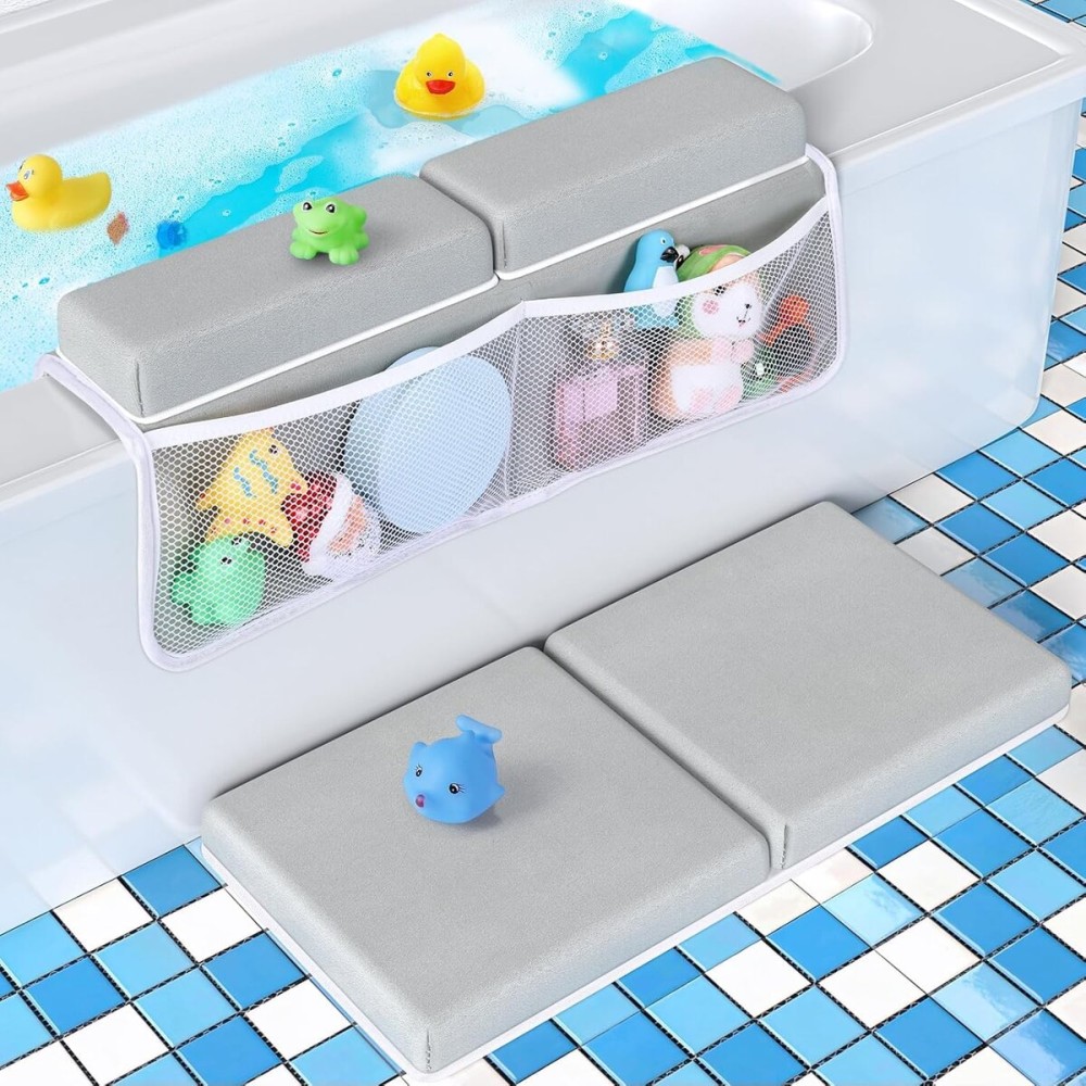 Bath Kneeler and Elbow Rest Pad Set - Gray Green - 1.5 inch Extra Thick Baby Bathtub Kneeling Pad and Removable Elbow Pad,with Baby Bath Toys and Organizer Pockets - Easy to Clean-Tiikiy