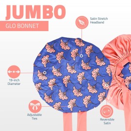 Jumbo Satin Reversible Bonnet with Adjustable Ties and Edge Protection for Long Hair, Braids, Twists, Crochet (19-inch, Monrovia Blooms + Coral Reef Pink)