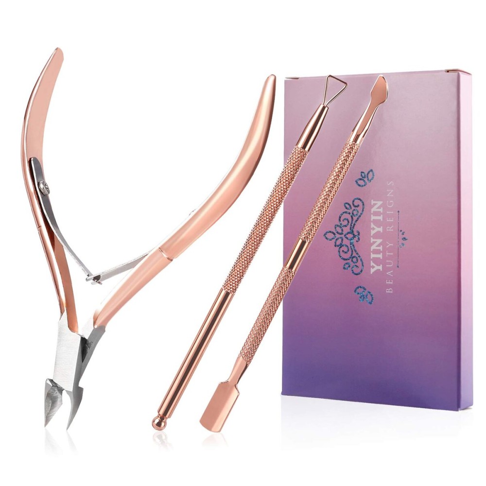 Cuticle Trimmer with Cuticle Pusher and Cutter,YINYIN Cuticle Remover Cutter Nipper Clippers Durable Pedicure Manicure Tools for Fingernails and Toenails(D501-RoseGold)