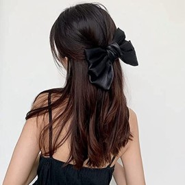Black Bowknot Hair Clips Large Hair Bows Clip for Women Girls Solid Satin Hair Bow Clips Barrettes for Women Teens Big French Barette Bow Hair Accessories 8 Inch
