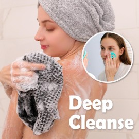 myHomeBody Extra Long Exfoliating Washcloth, Exfoliating Body Scrubber, Shower Towel, Long Bath Cloth, 3D Texture Obsidian and Raisin Dots, Set of 2 with Silicone Facial Brush