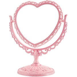 Jetec Heart Shaped Mirror Double Sided Dresser Coquette Room Decor Vintage Makeup Cosmetic Mirror for Dressing Bathroom Bedroom(Pink)