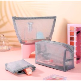 Boao 3 Pieces Mesh Cosmetic Bag Mesh Makeup Bags Zipper Pouch for Offices Travel Accessories, 3 Sizes(Grey)