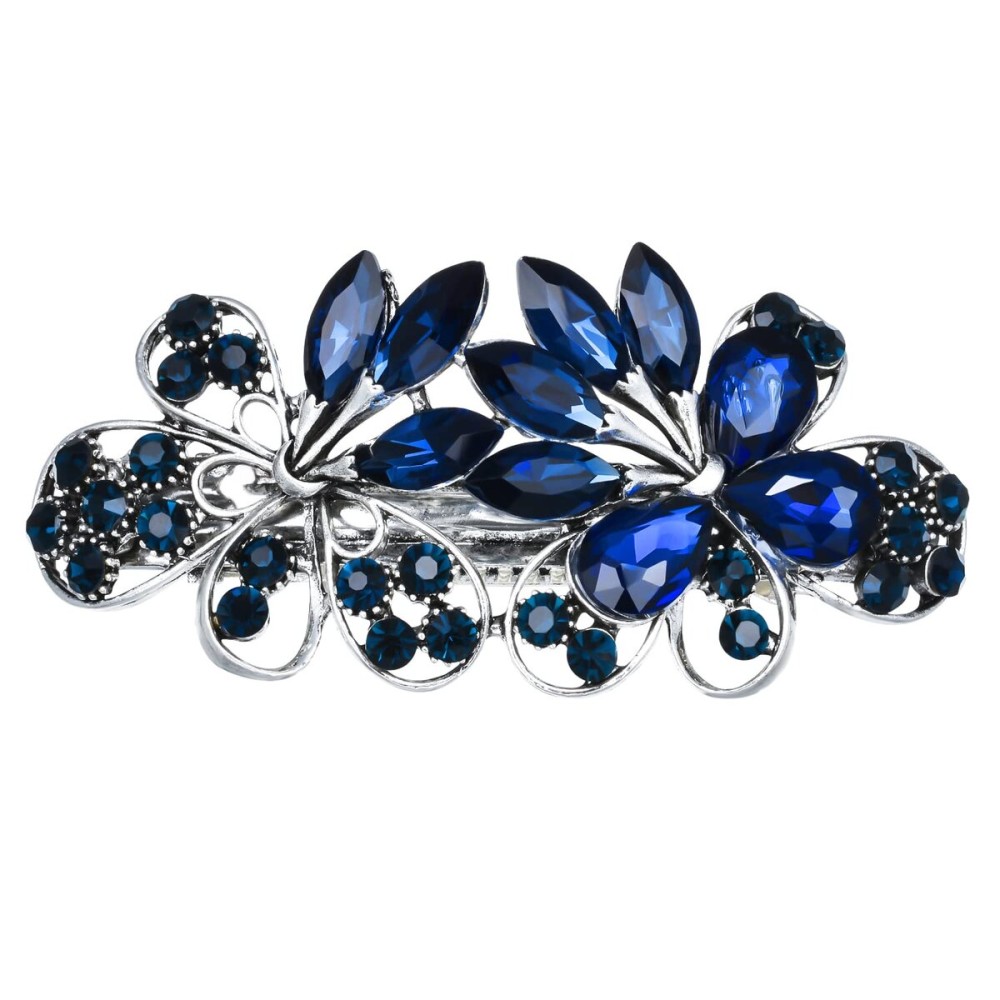 Vintage Sparkly Hair Barrettes, Decorative Hair Clips French Navy Blue Rhinestone Barrettes, Crystal Flower Hair Pins Hair Accessories for Women Girls