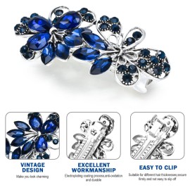 Vintage Sparkly Hair Barrettes, Decorative Hair Clips French Navy Blue Rhinestone Barrettes, Crystal Flower Hair Pins Hair Accessories for Women Girls