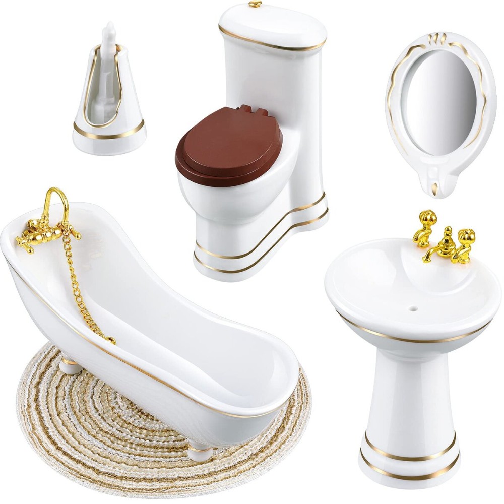 Skylety 6 Pieces 1:12 Dollhouse Bathroom Set Porcelain Miniature Furniture Toys Ceramic Dollhouse Toilet Basin Bathtub Mirror Doll Bathroom Accessories