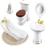 Skylety 6 Pieces 1:12 Dollhouse Bathroom Set Porcelain Miniature Furniture Toys Ceramic Dollhouse Toilet Basin Bathtub Mirror Doll Bathroom Accessories