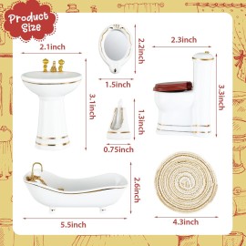 Skylety 6 Pieces 1:12 Dollhouse Bathroom Set Porcelain Miniature Furniture Toys Ceramic Dollhouse Toilet Basin Bathtub Mirror Doll Bathroom Accessories