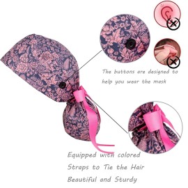 Scrub Caps Women with Buttons Nurse Hat Scrub Cap Ponytail Nursing Hats Long Hair Working Cap with Buttons and Ribbon Tie Halloween Chemo Hats Cancer Headwear Head Scarfs