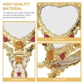 Beaupretty Hand Mirror Vintage Handheld Mirror Heart Shaped Travel Mirror Salon Barber Hairdressing Mirror Cosmetic Mirror for Pocket Purse Birthday Golden