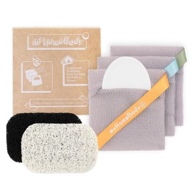 myHomeBody Soap Pocket Squares Exfoliating Pouch, Body Scrubber, Exfoliator Sponge for Bath or Shower, or Leftover Bits Saver, White Smoke, 3 Pack + 2 Lift Pads