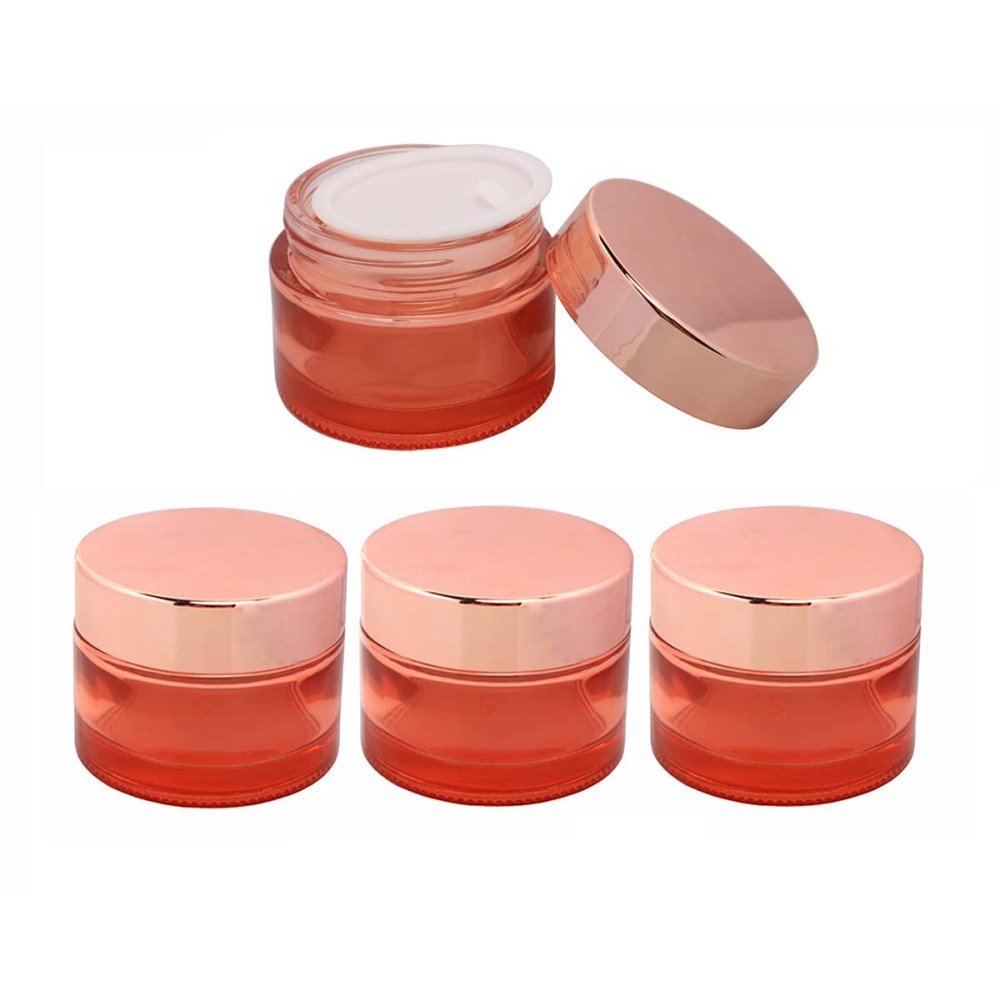4 Pack Cosmetic Jar Empty Pink Glass Jar Travel Cream Jar Makeup Sample Container Pot For Cream Lotions Scrubs Lip Balm With Inner Liner And Rose Gold Lids (50g/1.7oz)