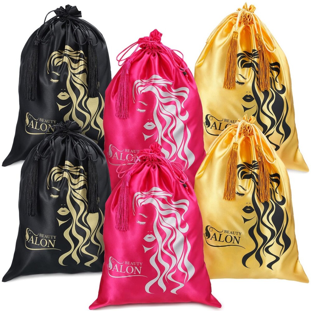 Riakrum 6 Pieces Satin Wig Bags Silky Storage Bag with Drawstring Satin Pouch for Hair Storage Pouch with Tassel for Wigs Bundles Tools Hair Extensions Travel Use