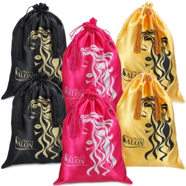 Riakrum 6 Pieces Satin Wig Bags Silky Storage Bag with Drawstring Satin Pouch for Hair Storage Pouch with Tassel for Wigs Bundles Tools Hair Extensions Travel Use
