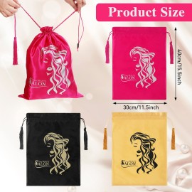 Riakrum 6 Pieces Satin Wig Bags Silky Storage Bag with Drawstring Satin Pouch for Hair Storage Pouch with Tassel for Wigs Bundles Tools Hair Extensions Travel Use