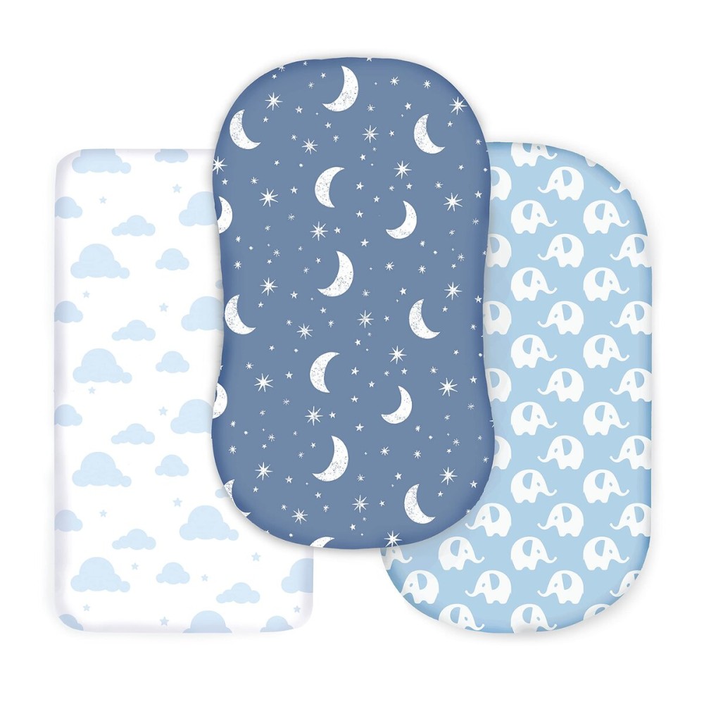 Cambria Baby 100% Organic Cotton Jersey Fitted Bassinet Sheets for Boy. 3 Pk Adapts to Oval, Hourglass & Rectangle Shaped Bassinet Pads. Fits Halo, Snoo, Graco, and Most other Standard Size Bassinets.