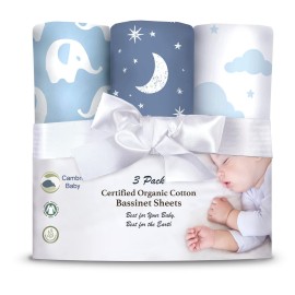 Cambria Baby 100% Organic Cotton Jersey Fitted Bassinet Sheets for Boy. 3 Pk Adapts to Oval, Hourglass & Rectangle Shaped Bassinet Pads. Fits Halo, Snoo, Graco, and Most other Standard Size Bassinets.