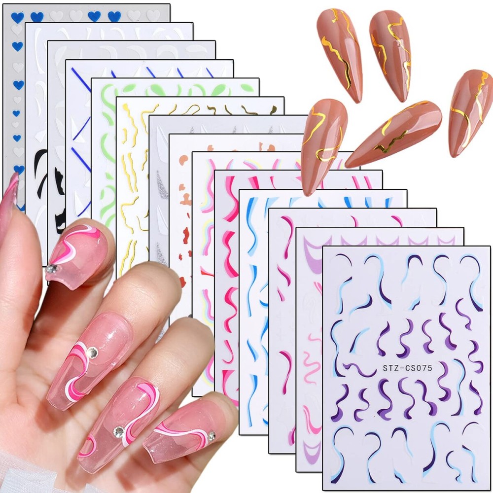 French Nail Art Stickers 3D Self-Adhesive Nail Decals Design, Colorful Wavy Line Heart Nail Decoration Holographic Elegant Chains Nail Sticker, Women Girls Manicure Tips Supplies Nail Decal(14 Sheets) French Nail Art Stickers 3D Self-Adhesive Nail Decals Design, Colorful Wavy Line Heart Nail Decoration Holographic Elegant Chains Nail Sticker, Women Girls Manicure Tips Supplies Nail Decal(14 Sheets)