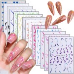 French Nail Art Stickers 3D Self-Adhesive Nail Decals Design, Colorful Wavy Line Heart Nail Decoration Holographic Elegant Chains Nail Sticker, Women Girls Manicure Tips Supplies Nail Decal(14 Sheets)