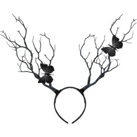 Lurrose Tree Branches Butterfly Headband Christmas Fairy Witch Tree Branches Antlers Headband Halloween Cosplay Prop Vintage Hair Accessories Gothic Headpiece Black