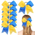 6PCS 8 Large Cheer Hair Bows Ponytail Holder, Rhinestones Cheerleader Bows with Elastic Band Hair Tie Handmade for Cheerleading Teen Girls College Sports (Yellow/Royal Blue)