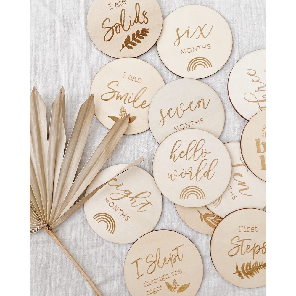 Baby Monthly Milestone Wooden Discs 12 Double Sided (24 Designs) Cards, Hello World Sign, Newborn Photo Props, Welcome Announcement, Hospital Birth Gift, Pregnancy Journey, Age Blocks
