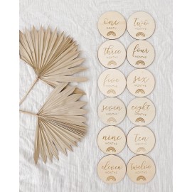 Baby Monthly Milestone Wooden Discs 12 Double Sided (24 Designs) Cards, Hello World Sign, Newborn Photo Props, Welcome Announcement, Hospital Birth Gift, Pregnancy Journey, Age Blocks