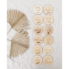 Baby Monthly Milestone Wooden Discs 12 Double Sided (24 Designs) Cards, Hello World Sign, Newborn Photo Props, Welcome Announcement, Hospital Birth Gift, Pregnancy Journey, Age Blocks