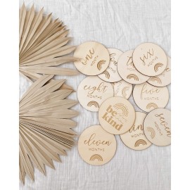 Baby Monthly Milestone Wooden Discs 12 Double Sided (24 Designs) Cards, Hello World Sign, Newborn Photo Props, Welcome Announcement, Hospital Birth Gift, Pregnancy Journey, Age Blocks